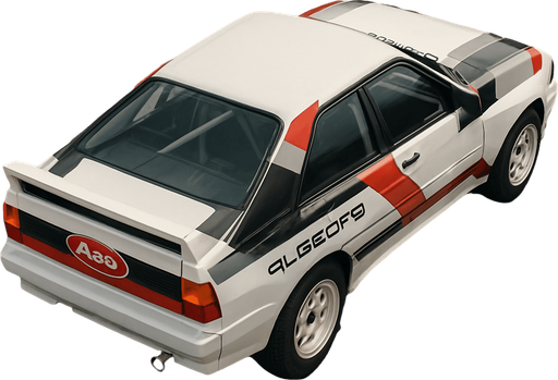 Photorealistic white audi b2 quattro RALLYCAR with red,grey,black stripes livery, drone topview from back. Angle should be 45 degrees in the top right corner of the screen.