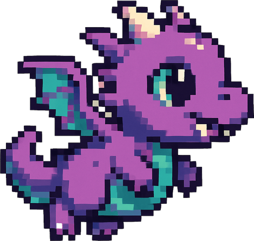A pixel art baby dragon character designed for a 2D side-scrolling game, viewed from the side. The dragon has small wings, a chubby body, and a cute cartoonish face. It has small horns, a short tail, and colorful scales—shades of purple and teal. The dragon is in a flying pose, flapping its wings. Its eyes are big and expressive, and it has tiny fangs showing. The overall design is playful and fantasy-inspired, while still fitting a retro arcade pixel style..
In-Game asset.  2d.  High contrast.  No shadows. pixel art. side view. game character. baby dragon. cute. fantasy. retro style