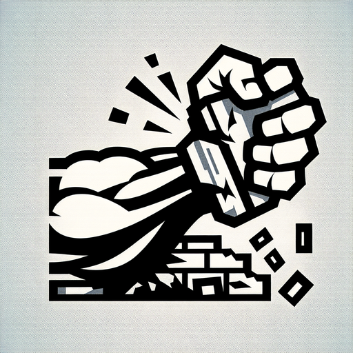 create a hand icon breaking a brick in half.
Single Game Texture.  In-Game asset.  2d.  Blank background.  High contrast.  No shadows