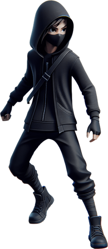 A ninja kid thief, full body, with a dark colored hoodie.
Single Game Texture. In-Game asset. 2d. Blank background. High contrast. No shadows.