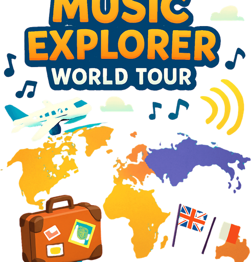 A vibrant, 2D digital illustration of a game title screen for a mobile game called "Music Explorer: World Tour". The background shows a colorful world map faded into the backdrop, with cartoon-style travel elements like a flying airplane, musical notes floating across the sky, sound waves, a suitcase with passport stickers, and flags of different countries . The top area is open and softly glowing for placing the title text. The bottom center has space for a large, fun "Start Journey" button. The style is clean, playful, and polished, perfect for kids and casual players..
In-Game asset.  2d.  High contrast.  No shadows