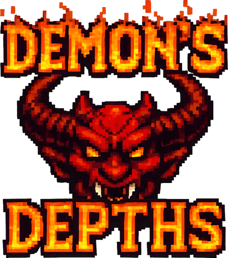 Pixel art logo for a game called ‘Demon’s Depths’. Big demon head with the title of the game split on top and bottom. The words are made of flame. White background
In-Game asset.  2d.  High contrast.  No shadows