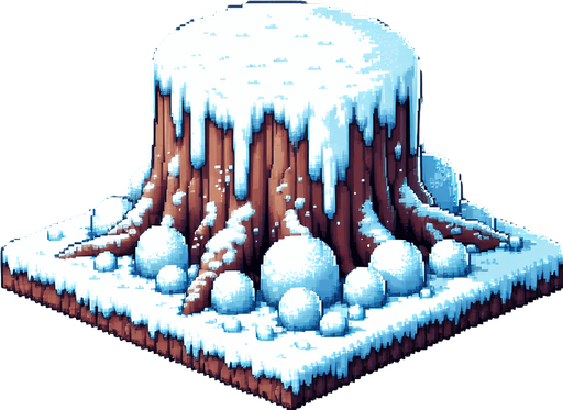 pixel art of a tree stump covered in snow. Single Game Texture. In-Game asset. 2d. Blank background. High contrast. No shadows.