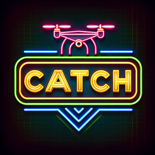 retro sign that says "catch" with an flying drone symbol in neon colors..
Single Game Texture. In-Game asset. 2d. Blank background. High contrast. No shadows.