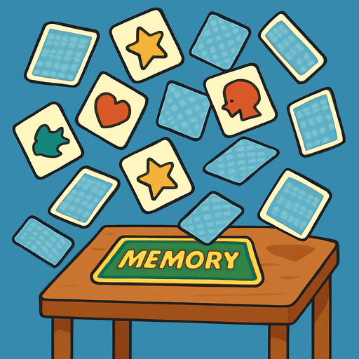 A table with the game Memory on it that got jostled so the card are flying in the air..
In-Game asset.  2d.  High contrast.  No shadows. Cartoon style. 3D image