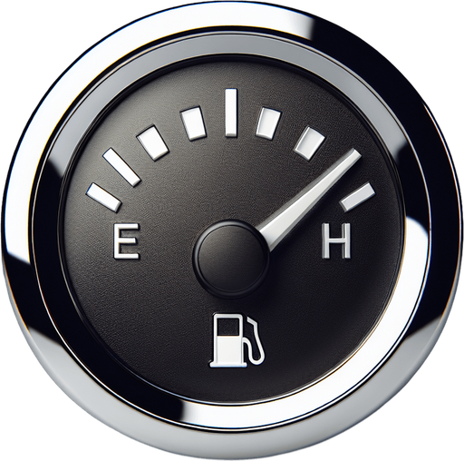 Black fuelindicator no-gauge, with chrome round frame, white levelindicators, front view.