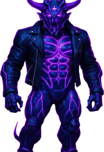 Black leather biker jacket longsleeves bare segmented neon cyberpunk pecs abs muscles robot monster hunk Neon cyberpunk 3d hologram corporate occult demon android mecha robot sentinel guard soldier machine monster fully in frame no part cut off no background anime futuristic Background removed, "Full-body character, entirely in frame, no cropping of face, head, or feet" "Complete character visible, from head to toe, fully centered in the image" "Entire character, including face and boots, fully within the frame" Character fully contained within a square frame, no edges cut off  horns through boots