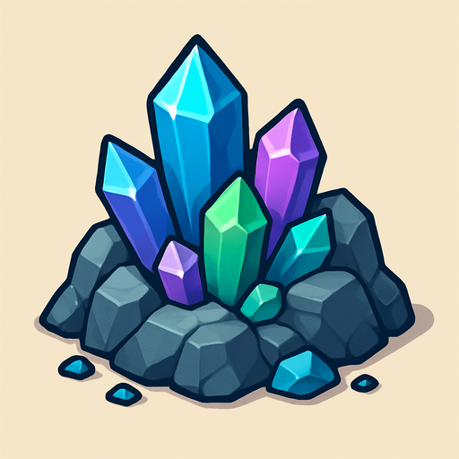 Crea un nodo de recurso de Mina de Cristales en un estilo 2D renderizado, limpio y cartoonish, con contornos claros y definidos, colores vibrantes con transiciones suaves, y sombreado que dé volumen. Debe ser fácilmente reconocible como una fuente de cristales (gemas).

Estructura Principal: Un afloramiento rocoso con cristales brillantes incrustados. Los cristales pueden ser de varios colores (azul, morado, verde) y de diferentes tamaños, con un brillo sutil.

Rocas: Las rocas circundantes pueden tener una textura diferente a la mina de oro, quizás más angulares o con colores más fríos.

Formación: Los cristales deben estar agrupados en formaciones geológicas naturales, y puede haber pequeños fragmentos de cristal esparcidos alrededor.

Dimensiones Sugeridas: Similar a la mina de oro (64x64 o 96x96 píxeles)..
In-Game asset.  2d.  High contrast.  No shadows