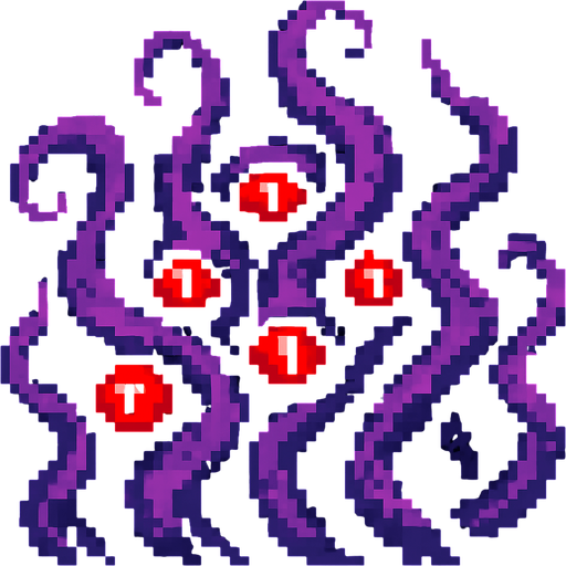 Purple tentacles pixel art and red eyes 2d.
In-Game asset.  2d.  High contrast.  No shadows