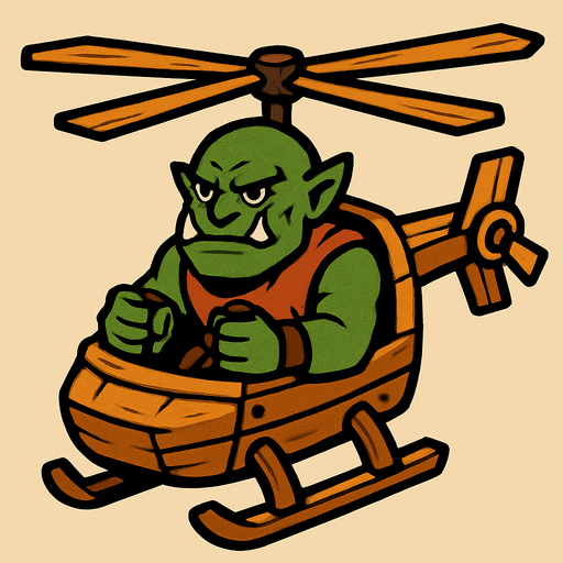 Orc in a wooden helicopter.
In-Game asset.  2d.  High contrast.  No shadows