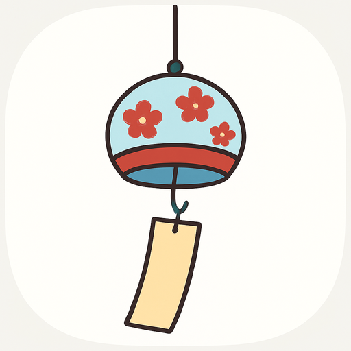 A flat, vector-style illustration of traditional Japanese wind chimes (furin) hanging from a string with a small paper tag. Gentle, peaceful design, transparent rounded background, suitable for mobile UI use..
In-Game asset.  2d.  High contrast.  No shadows