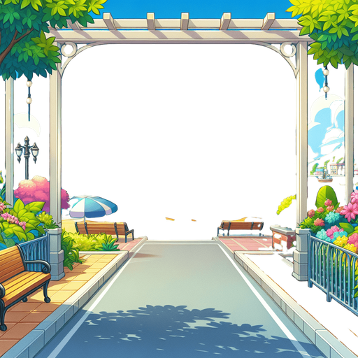 A beautiful scenery looking out to sea from an empty beach side promenade on a bright summer day. Happy game illustration style for a casual family friendly game..
Single Game Texture. In-Game asset. 2d. Blank background. High contrast. No shadows.