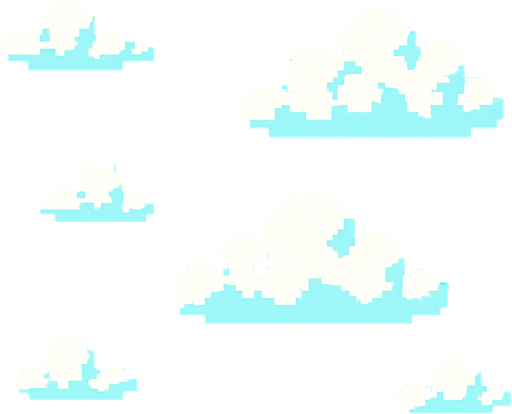 El cielo debe ser un fondo claro y agradable, de color azul celeste con un suave degradado hacia un azul más claro en la parte inferior, acompañado de algunas nubes blancas esponjosas flotando lentamente para dar una sensación de movimiento y vida; todo en pixel art, sin muchos detalles, con un ambiente brillante, alegre y apto para un juego casual visualmente amigable..
In-Game asset.  2d.  High contrast.  No shadows