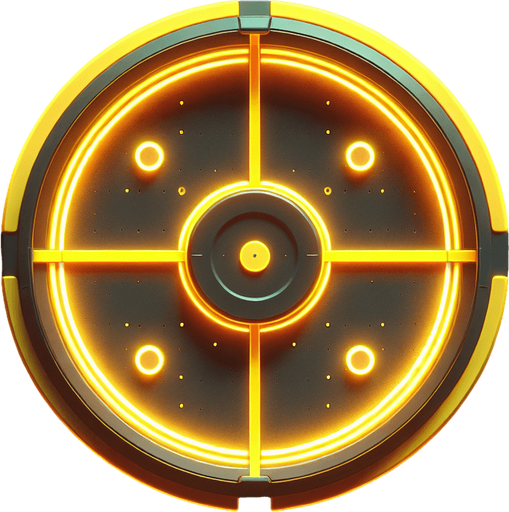 Air hockey disk with neon yellow lights. top view.
Single Game Texture. In-Game asset. 2d. Blank background. High contrast. No shadows.