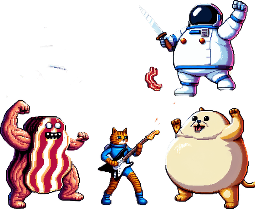 Epic clash of intergalactic tubs of lard and  anthropomorphic skillets cooking bacon while brandishing a switchblade knife versus a morbidly obese astronaut cat with a funny expression shooting sonic blasts from the fender Stratocaster being played, cinematic, exciting, 16-bit pixel art.
Single Game Texture. In-Game asset. 2d. Blank background. High contrast. No shadows.