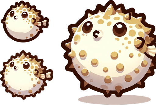 Две версии одной рыбы фугу маленькая и надутая 
Анимация.
Single Game Texture. In-Game asset. 2d. Blank background. High contrast. No shadows.