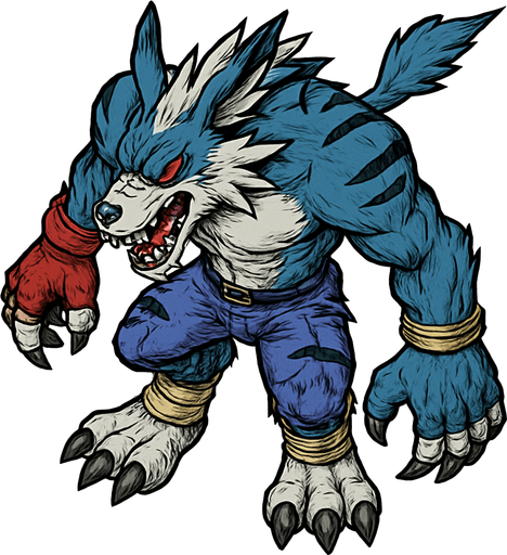 WereGarurumon, visto desde arriba, detalles muy altos, sin errores, original
In-Game asset.  2d.  High contrast.  No shadows