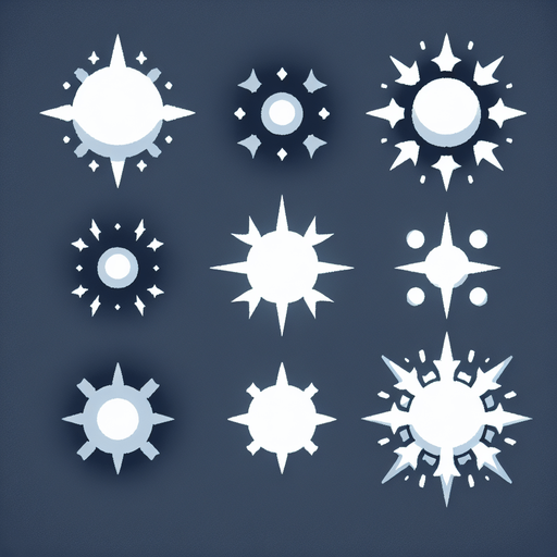 Glowing white dot with spike sprite sheet.
Single Game Texture. In-Game asset. 2d. Blank background. High contrast. No shadows.