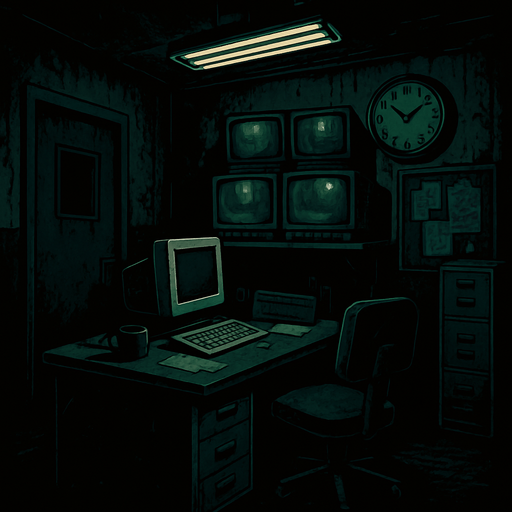 Bana bir ofis odası yap. Biraz gerilim salan ama içinde canavar olmayan eski bir karanlık güvenlik ofis odası gibi olsun.
In-Game asset.  2d.  High contrast.  No shadows