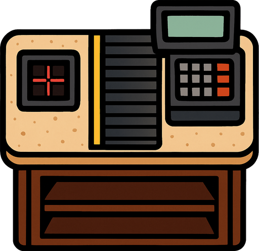 Üzerinde meyve, sebze gibi ürün bulundurmayan; market kasa bankosu. Üstten görünüm..
In-Game asset.  2d.  High contrast.  No shadows