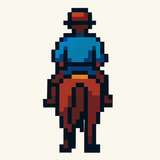 at üstünde olan pixel bir adam arkası dönük.
In-Game asset.  2d.  High contrast.  No shadows