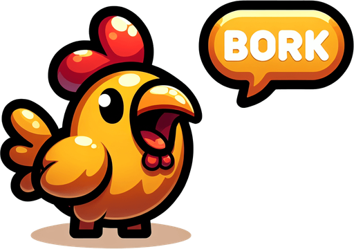 Cartoon Chicken Shouting. Speech bubble with text "Bork"
Single Game Texture.  In-Game asset.  2d.  Blank background.  High contrast.  No shadows