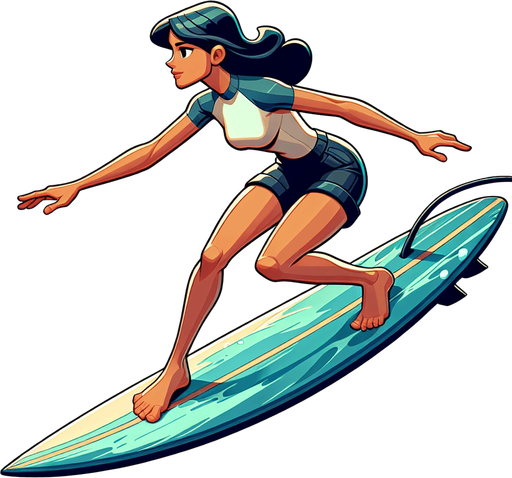 A surfer standing and riding on a surfboard. Side profile. Cartoon. Full body. 
Single Game Texture.  In-Game asset.  2d.  Blank background.  High contrast.  No shadows
