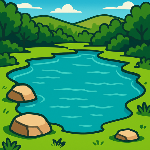 A lake with a 3d view.
In-Game asset.  2d.  High contrast.  No shadows