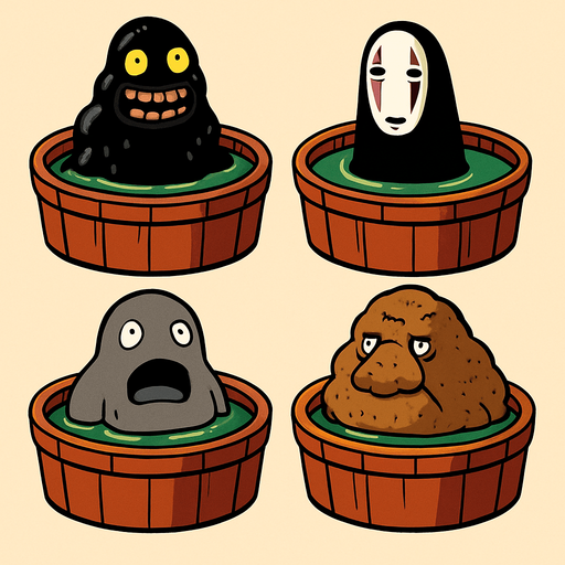 Japanese circle bath have different stink spirits from movie "spirited away". each one per bath. HD colors.
In-Game asset.  2d.  High contrast.  No shadows