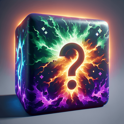 A crackling spark of energy rapidly shifting between multiple colors (purple, green, orange). Could also be a die symbol with elemental icons instead of pips, or a weapon impact with a question mark..
Single Game Texture.  In-Game asset.  2d.  Blank background.  High contrast.  No shadows