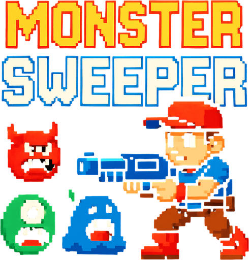 Retro pixel style from arcade. Title that reads: Monster Sweeper.
In-Game asset.  2d.  High contrast.  No shadows