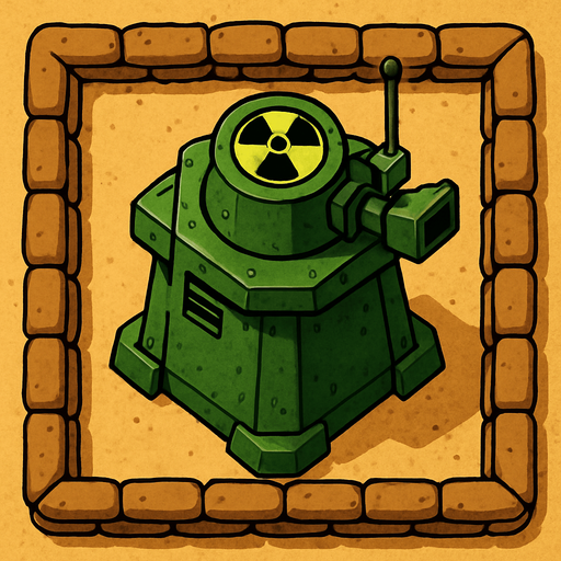 Top view of an Green defense Military tower large Toxic, in the desert, the image has a square border outlined by military defense Brown sandbags.
In-Game asset.  2d.  High contrast.  No shadows