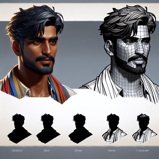 indian man.
Single Game Texture. In-Game asset. 2d. Blank background. High contrast. No shadows.