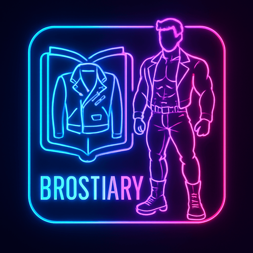 Neon cyberpunk App icon BROSTIARY encyclopedia of black leather biker jacket longsleeves shirtless musxles pants boots hunk outline linework glowing 3d hologram flat