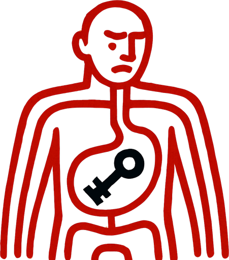 a drawing pic showing key is inside stomach of the body.red lines of the body!
In-Game asset.  2d.  High contrast.  No shadows