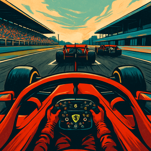 formula 1 start line Only two vehicles in front (from the driver's perspective inside the car).(Don't let the lights show) in the ferrari car. (look like a quality animation)
. High contrast.