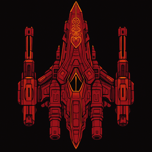 Giant bordeux ostentatious alien ship with ostentatious giant guns. Looking straightly down
In-Game asset.  2d.  High contrast.  No shadows
