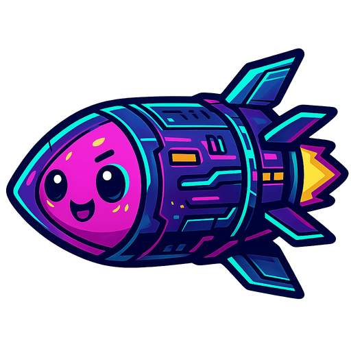cyberpunk styled missile, facing left, cute chibi face on it.
In-Game asset.  2d.  High contrast.  No shadows