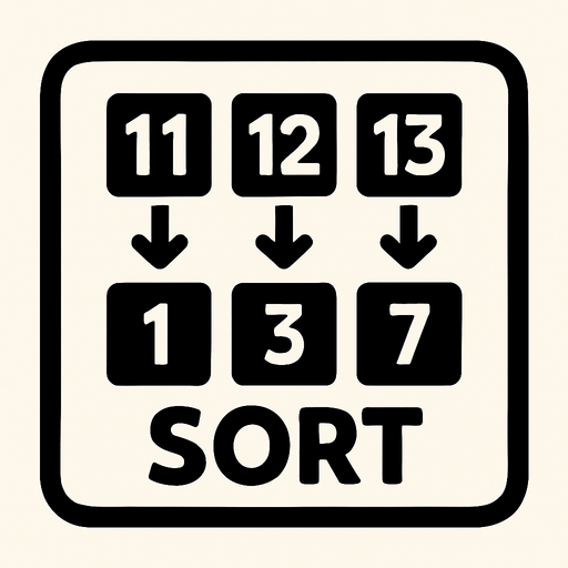 Sort square button, size 200 on 200 the button shows 2 rows of cubes, each row has 3 cubes. Each cube has a number on it. on the buttom row the numbers are: 1, 3, 7 The top row: 11, 12, 13.
the cubes connect with arrows points from the left cube to the cube right to her
at the buttom of the button, write SORT.
In-Game asset.  2d.  High contrast.  No shadows