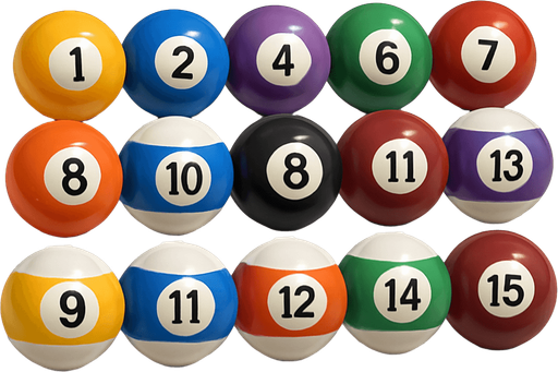 16 ball of billiard, 3D colors, 3d texture, HD colors.
In-Game asset.  High contrast.  No shadows. 3D
