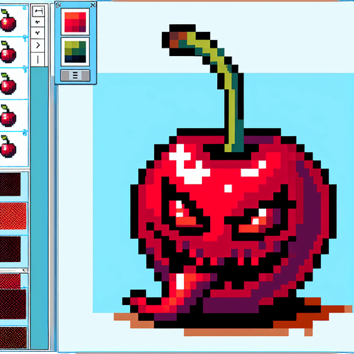 a demonic cherry, pixel style.
Single Game Texture.  In-Game asset.  2d.  Blank background.  High contrast.  No shadows