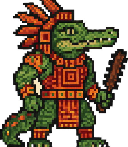Generame un guerrero azteca con patrones, estilo pixelar, ademas sera un Caimán llanero humanoide..
In-Game asset.  2d.  High contrast.  No shadows
