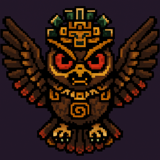 Genérame una Buho de anteojos guerrero azteca con eso patrones, estilo pixelar, con una apariencia maligna, ojos rojos, rabioso. Unidad aerea con alas. Animal.
In-Game asset.  2d.  High contrast.  No shadows