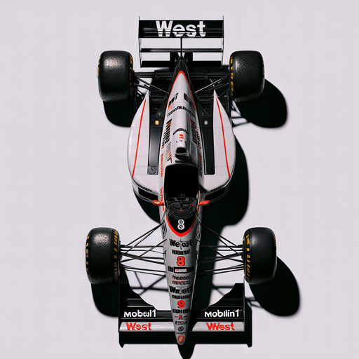 Mercedes-Benz MP4-13 F1 race car from 1999. TOP VIEW. 
BLACK & WHITE BODY. sIÉVER LIVERY Shiny-red arcs on both sides. Red 8 on nose 
Sponsor: "West" on rear wing. "Mobil1" on front wing..
Single Game Texture. In-Game asset. 2d. Blank background. High contrast. No shadows.