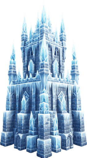 A turret tower built of ice blocks. Front view perspective. Single Game Texture. In-Game asset. 2d. Blank background. High contrast. No shadows.