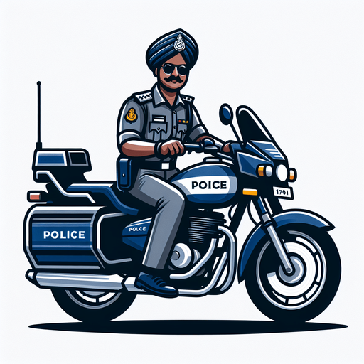 Inspector chingam on police bike with police dress.
Single Game Texture.  In-Game asset.  2d.  Blank background.  High contrast.  No shadows