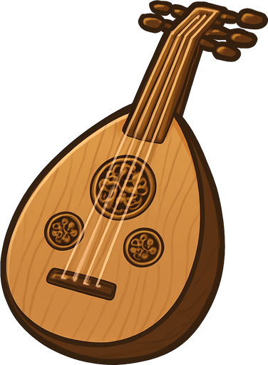 A clean, stylized 2D illustration of a traditional Middle Eastern oud instrument. The body should be teardrop-shaped with a wooden texture, 5–6 tuning pegs, and ornate sound holes. The image should have a warm, earthy color palette (browns and golds) with soft shadows and a clear outline. Designed in cartoon or flat vector style, suitable for mobile games. Export as a transparent background PNG, so it can be placed over any UI or background. Should be visually clear even at small sizes..
In-Game asset.  2d.  High contrast.  No shadows