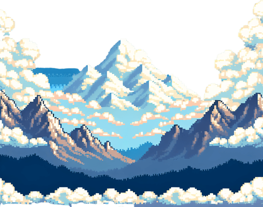 a pixel clouds background, with mountains, full height full width
Single Game Texture.  In-Game asset.  2d.  Blank background.  High contrast.  No shadows