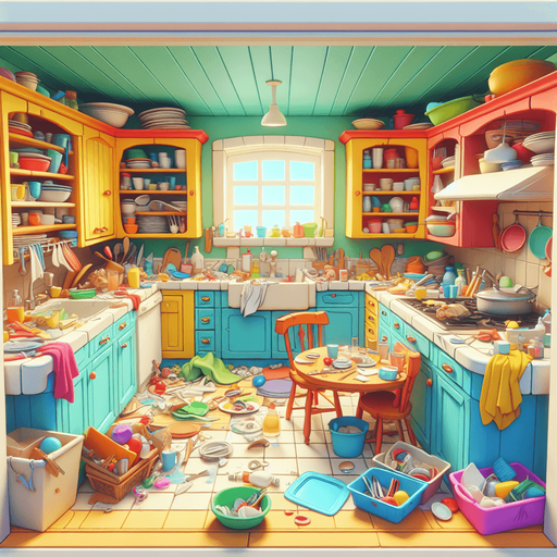 dağınık bir mutfak, odanın içinden görünüm. 3d renkli anime, çizgi film