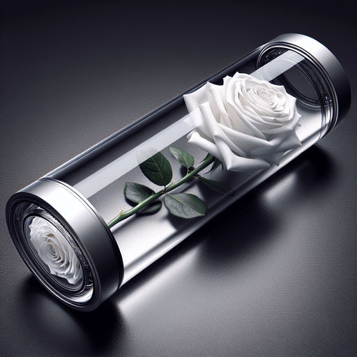 elegant white rose in a long transparent futuristic glass tube.